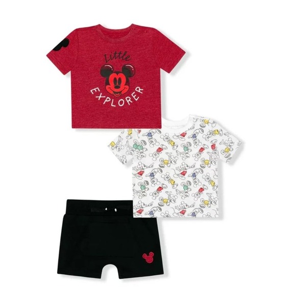 Disney Baby boy Size 3 / 6 Months 3 pc Mickey Mouse Outfit Set short shirt Red - Picture 2 of 9